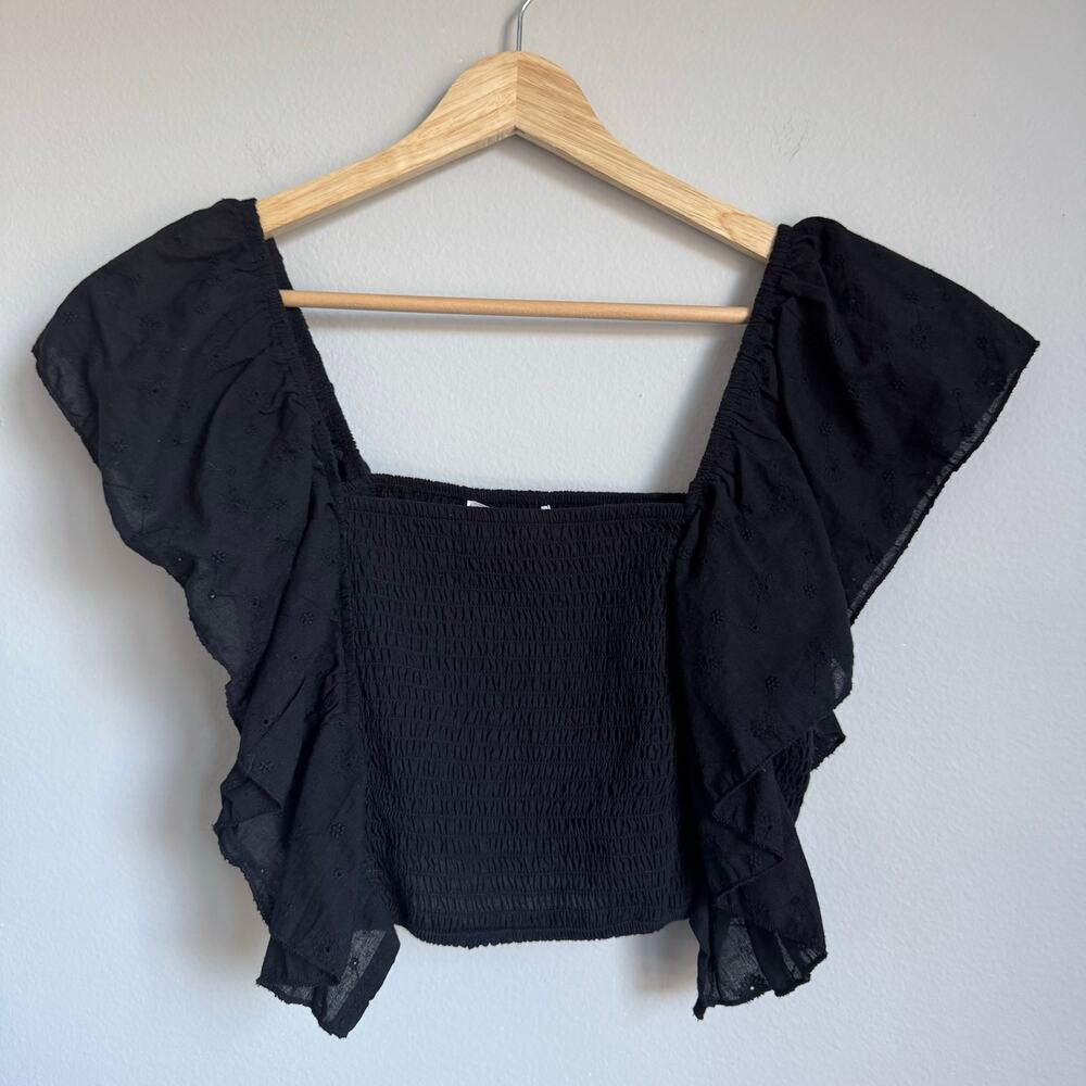 NWT Active USA Women's Black Flutter Sleeve Crop Top Eyelet Smocked Cotton